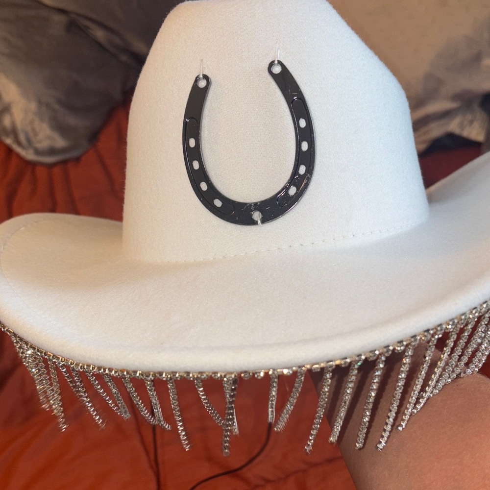 White Cowboy Hat with Rhinestone Fringe
